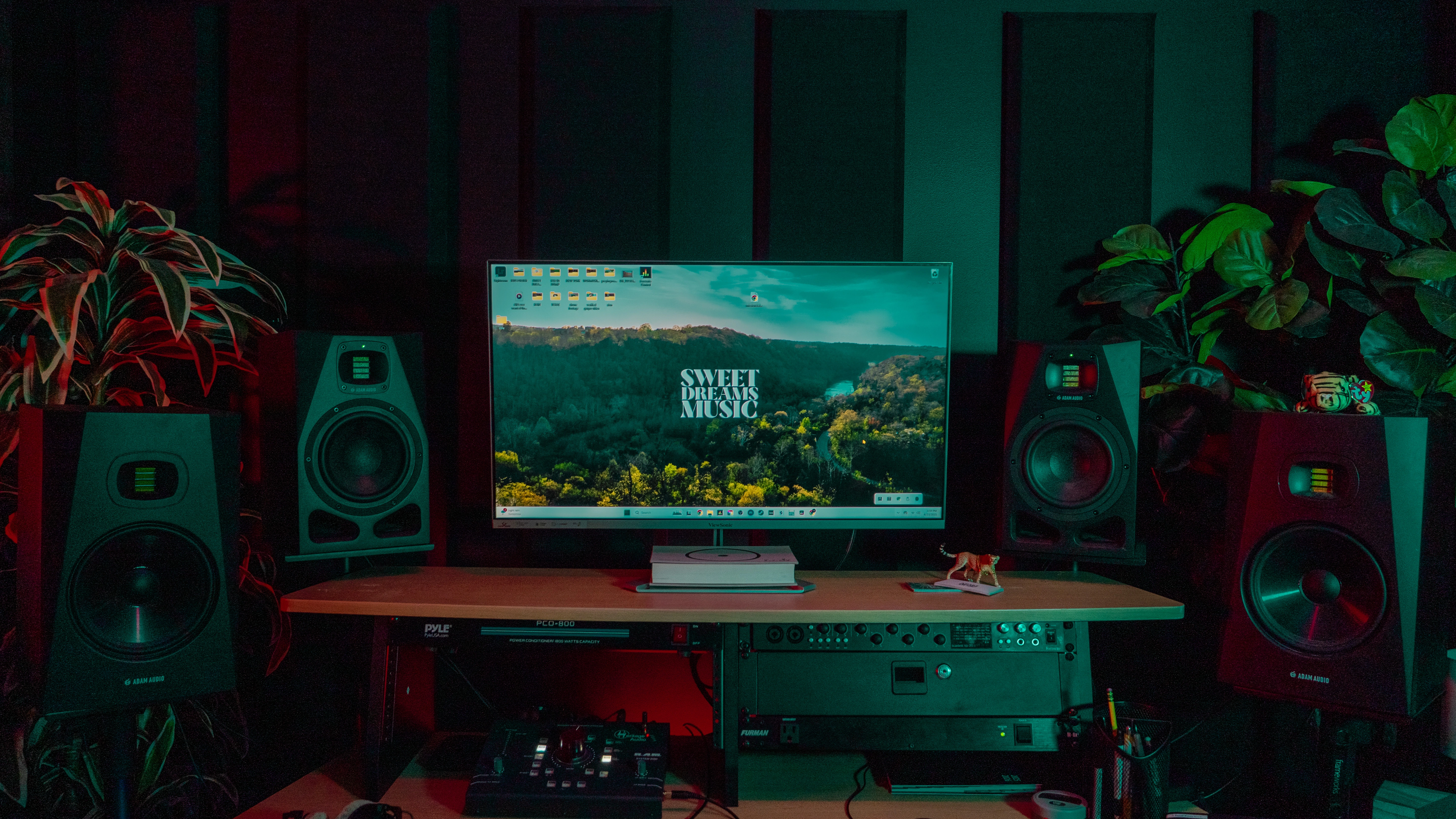 Wide shot of the main mixing desk and workstation at Sweet Dreams Studio.