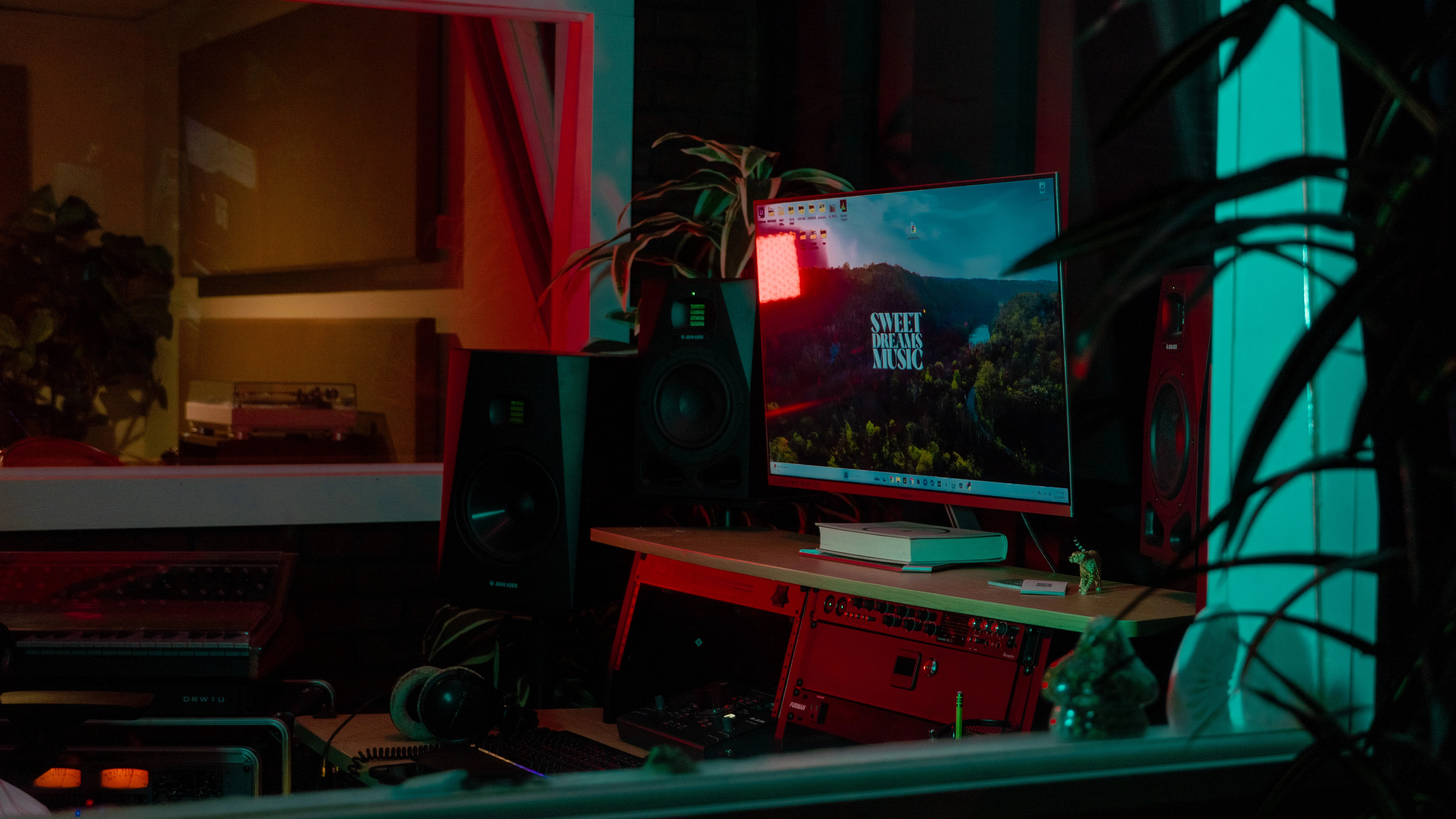 Wide shot of the main mixing desk and workstation at Sweet Dreams Studio.